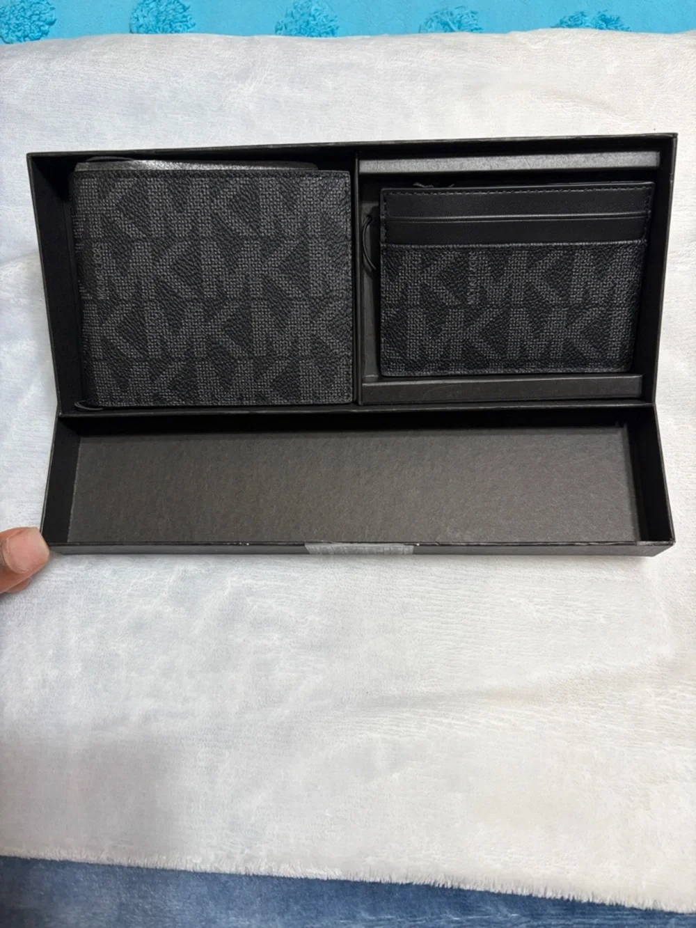 Michael Kors His & Hers Black Monogram Bifold Wallet & Matching Card Holder Set - Picture 1 of 7